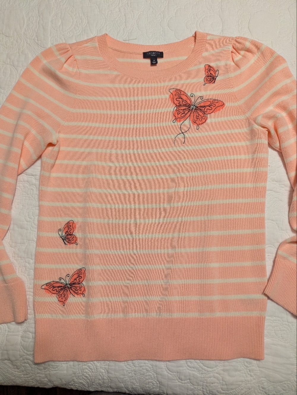 Talbots Peach and White Striped Sweater with Butterfly Embroidery